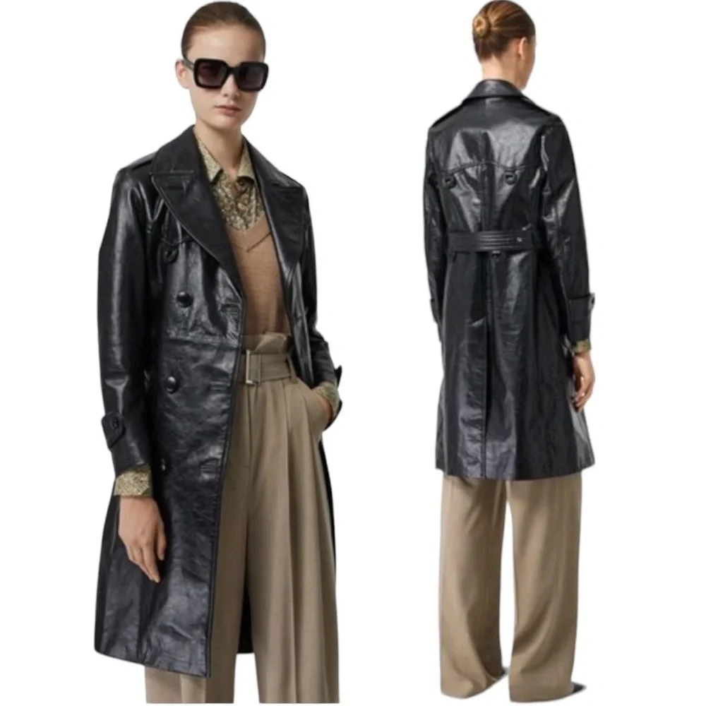 Burberry | NWT D-Ring Detail Crinkled Leather Trench Coat in Black - Size IT 42 - Picture 4 of 16